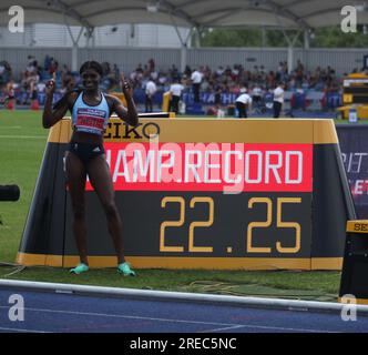 Manchester, England 9th July 2023 UK Athletics Championships & trial event for the World Championships in Budapest.  Daryll NEITA celebrates winning the 200m in a Championship record time of 22.25s The event took place at the Manchester Regional Arena, England ©Ged Noonan/Alamy Stock Photo