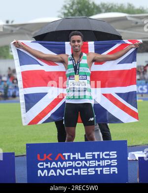 Manchester, England 9th July 2023 UK Athletics Championships & trial event for the World Championships in Budapest.  Daniel Rowdon celebrates winning the 800m The event took place at the Manchester Regional Arena, England ©Ged Noonan/Alamy Stock Photo