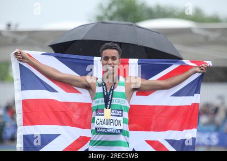 Manchester, England 9th July 2023 UK Athletics Championships & trial event for the World Championships in Budapest.  Daniel Rowdon celebrates winning the 800m The event took place at the Manchester Regional Arena, England ©Ged Noonan/Alamy Stock Photo