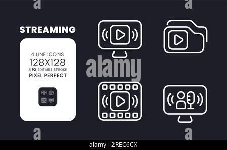Streaming white linear desktop icons on black Stock Vector