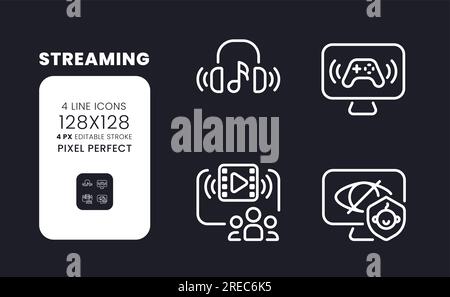 Streaming white linear desktop icons on black Stock Vector