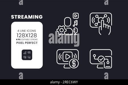 Streaming white linear desktop icons on black Stock Vector
