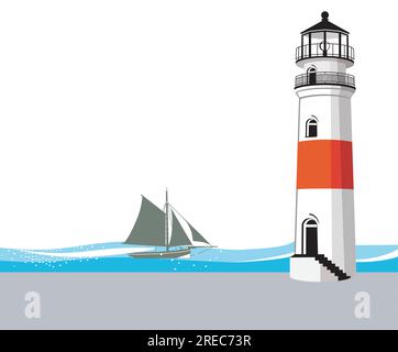 Lighthouse and sailing ship illustration Stock Vector