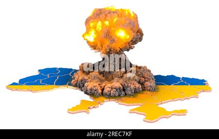Explosion nuclear bomb on Ukrainian map, 3D rendering isolated on white background Stock Photo