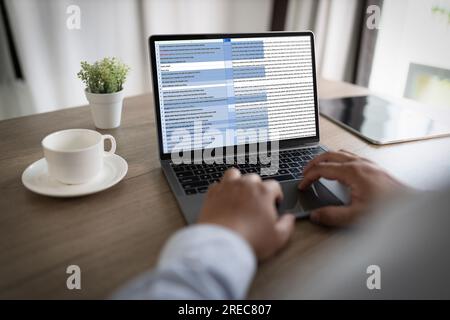 business financial Spreadsheet Document Information Data Analyst Statistics Spreadsheet On Computer: Datum Chart Budget planning and billing Stock Photo