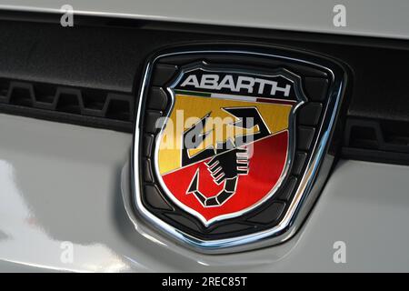 Florence, ITALY - 3 March, 2019: Detail of ABARTH Logo on a white Fiat Punto Evo Abarth. Stock Photo