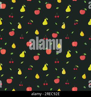 Fruit seamless pattern. Vector fruit mix background. Seamless texture for fashion textile. Cartoon style apples, pears and cherries. Stock Vector