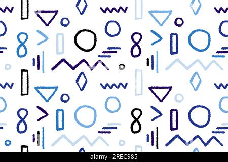 Abstract seamless pattern. Vector texture with blue doodle brush shapes. Triangles, circles and zigzags - trendy brush stroke design. Stock Vector