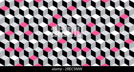 Abstract cube pattern. 3D optical illusion tumbling blocks hexagon tiles. Cuboid seamless tiles pattern. Grey, pink, white and black modern vector tex Stock Vector