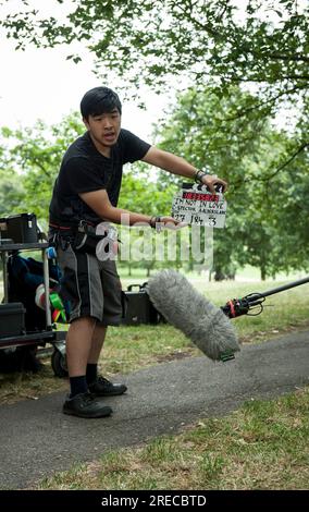 Film crew on location on Primrose hill London for a low budged comedy film by Cole Spector, I'm not in love. Stock Photo