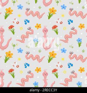 Worm Watercolor seamless pattern with worms. Illustration of cute worms with flowers. Children's illustration drawn by hand. Stock Photo