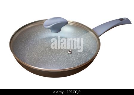 gray frying pan with a lid on a white background Stock Photo
