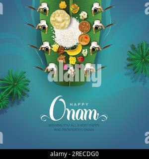 Kerala festival Happy Onam background with traditional food (onasadya) served on banana leaf. Vector illustrationdesign. Stock Vector