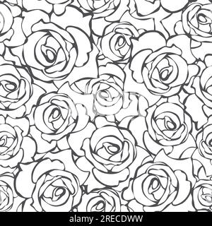 Floral pattern with rose flowers contours. Black and white seamless background. Vector modern print Stock Vector