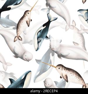 Watercolor seamless pattern with beluga, killer whale and narwhal isolated on white background. Hand painting realistic Arctic and Antarctic ocean Stock Photo
