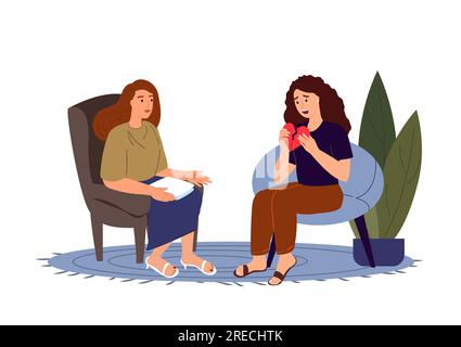 Crying stressed woman on the session with a psychologist.Frustrated girl because of broken heart,unrequited love.Mental health,Psychological trauma.Fl Stock Photo