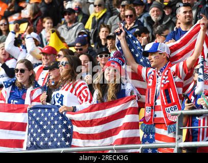 Wellington, New Zealand. 27th July, 2023. Fans of the United States are seen before the group E match between the United States and the Netherlands at the FIFA Women's World Cup Australia & New Zealand 2023 in Wellington, New Zealand, July 27, 2023. Credit: Guo Lei/Xinhua/Alamy Live News Stock Photo