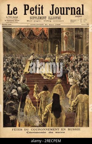 Le tsar Nicolas II (1868-1918), dans la cathedrale de l'Assomption ( Moscou), couronne son epouse, Alexandra Fedorovna ( 1872-1918). Gravure in 'Le petit journal' 31051896. Stock Photo