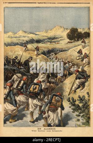 En Algerie, une battue organisee par tout un bataillon de zouaves, renforce par la cavalerie, pour capturer Areski ben Bachir, 3 fois condamne a mort par la cour d'assise d'Alger.  Gravure in 'Le petit journal' 23121893. Stock Photo
