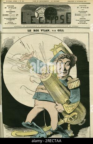 Portrait de Christian (1821-1889), chanteur francais, dans le role du roi Vlan dans la piece 'Le voyage dans la lune', deJacques Offenbach. Couverture in 'L'Eclipse' par Gill, le 14 novembre 1875, Paris. Stock Photo