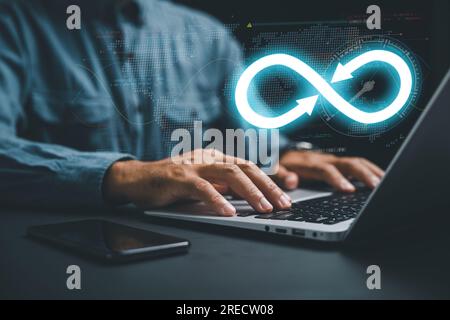 DevOps engineer in agile environment. infinity icon on computer Stock Photo