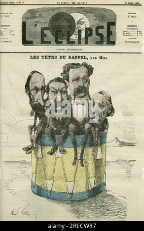 Auguste Vacquerie (1819-1895), Victor Hugo (1802-1885), Charles Hugo (1826-1871), et Paul Meurice (1818-1905), hommes de lettres francais. Couverture in 'L'Eclipse' par Gill, le 10 juillet 1869, Paris. Stock Photo