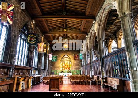 Manchester Cathedral Regimental Chapel with Fire Window by Margaret Traherne, marking location where German bomb fell during Manchester Blitz in 1940, Stock Photo