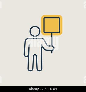 Man standing and holding in hands big sign, banner, card vector isolated icon. Demonstration, manifestation, protest, strike, revolution Stock Vector