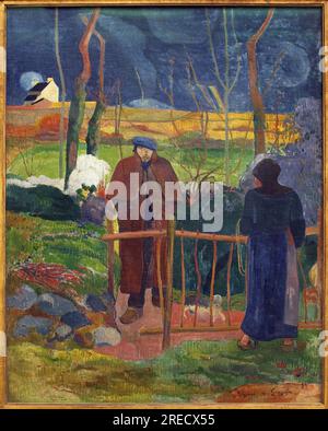 Bonjour, Monsieur Gauguin. Le tableau a ete execute lors d'un sejour a Le Pouldu (Finistere), en automne 1889, avec plusieurs autres artistes, Gauguin a decore la salle a manger de Mademoiselle Henry. Cet autoportrait constituait le panneau inferieur de la porte, ce tableau en est une version agrandie et une allusion au tableau de Gustave Courbet (1819-1877), Bonjour Monsieur Courbet (1854). Peinture de Paul Gauguin (1848-1903), huile sur toile, 1889. Art francais, 19e siecle. Palais Veletrzni (palais des foires), Prague (Republique Tcheque). Stock Photo