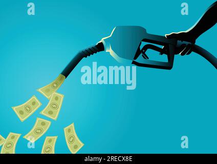Vector illustration of a hand holding gasoline fuel pump pouring money Stock Vector