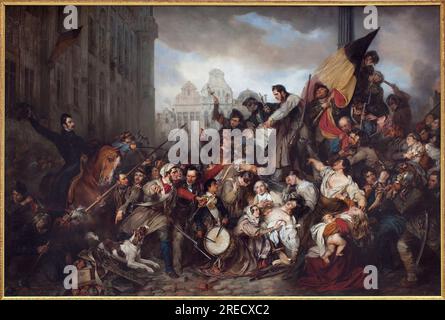 Revolution belge de 1830 : episode des journees de septembre 1830 sur la place de l'hotel de ville de Bruxelles (Belgique). Peinture de Gustaf Wappers (1803-1874), huile sur toile, 1835. Art belge, 19e siecle. Musee Royaux des Beaux Arts de Belgique, Bruxelles. Stock Photo