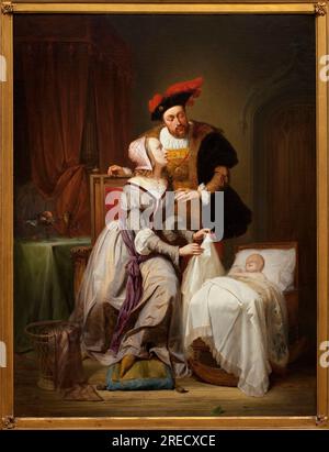 Charles Quint (Charles de Habsbourg, 1500-1558) et sa maitresse Jeanne (Johanna) van der Gheynst (vers 1500-1541) devant le berceau de leur fille Marguerite d'Autriche (Marguerite de Parme, 1522-1586). Peinture de Theodore Canneel (1817-1892), huile sur toile, 1844. Musee des beaux arts de Gand (Belgique). Stock Photo