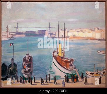 Le port de Marseille (Bouche du Rhone) - A l'arriere plan, on apercoit le pont transbordeur - Peinture de Albert Marquet (1875-1947), huile sur toile, vers 1916 - Art francais, 20e siecle - Musee Cantini, Marseille Stock Photo