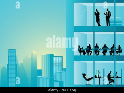 Business vector illustration of people working at office building Stock Vector