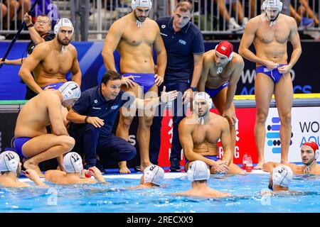 FUKUOKA, JAPAN - JULY 27: time out Greece with headcoach Theodoros Vlachos of Greece, Emmanouil Zerdevas of Greece, Konstantinos Genidounias of Greece, Dimitrios Skoumpakis of Greece, Ioannis Fountoulis of Greece, Alexandros Papanastasiou of Greece, Georgios Dervisis of Greece, Stylianos Argyropoulos of Greece, Dimitrios Nikolaidis of Greece, Konstantinos Kakaris of Greece during the World Aquatics Championships 2023 Men's Waterpolo Semi-Final match between Greece and Serbia on July 27, 2023 in Fukuoka, Japan (Photo by Albert ten Hove/Orange Pictures) Stock Photo