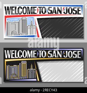 Vector layouts for San Jose with copy space, decorative template with line illustration of californian city scape on day and dusk sky background, art Stock Vector