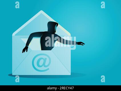 Concept illustration of a hacker comes out from envelope. Phishing email, spam, malware concept Stock Vector