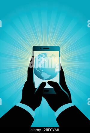 Concept vector illustration of businessman hand holding a smart phone. The world in your hand concept Stock Vector