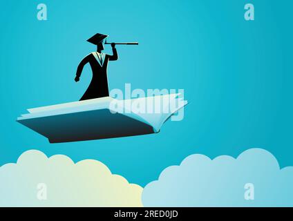 Education concept illustration of man with toga using telescope on flying book, knowledge, references, opportunity, vision concept Stock Vector