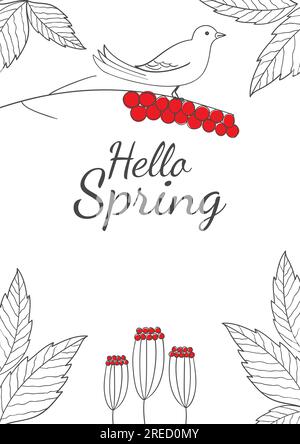 Simple flat vector illustration of bird, berries and leaves Stock Vector
