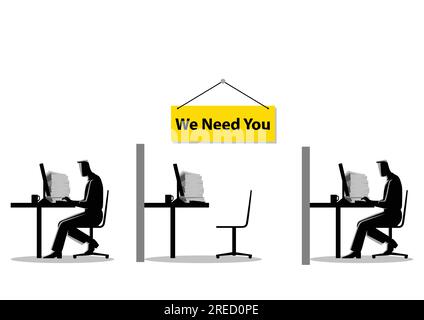 Vector illustration of two people working on the computers with one empty desk. Job vacancy, new recruitment, trainee, occupation, job search theme Stock Vector