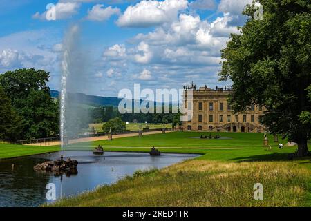 The Emperor lake and Emperor Fountain at Chatsworth House and gardens, a well known Historic house, stately home in the Peak District, Derbyshire Stock Photo