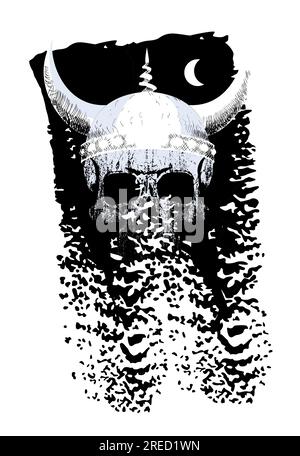 Viking skull t-shirt design on a black background. Vector illustration about medieval warriors. Stock Vector