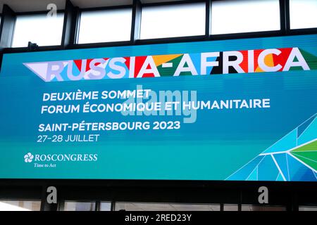 Saint Petersburg, Russia. 27th July, 2023. The Logo and the name of the summit on the Second summit economic and humanitarian forum 2023 in Saint Petersburg, Russian Federation. (Photo by Maksim Konstantinov/SOPA Images/Sipa USA) Credit: Sipa USA/Alamy Live News Stock Photo