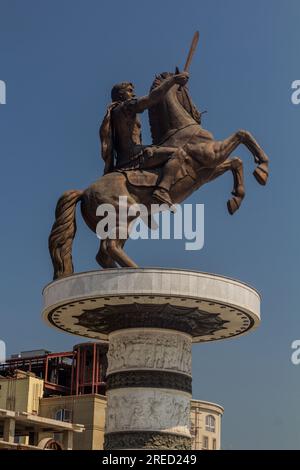 SKOPJE, NORTH MACEDONIA - AUGUST 9, 2019: Alexander the Great (Warrior on a horse) monument on the Macedonia square in Skopje, North Macedonia Stock Photo