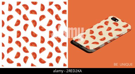 Modern smartphone in unique case decorated seamless pattern with sliced tomato. Tomato wedges and slices for salad. Isometric top view. Vector ornamen Stock Vector