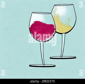 Watercolored glasses of red and white wine are seen isolated on a background in this 3-d illustration. Stock Photo