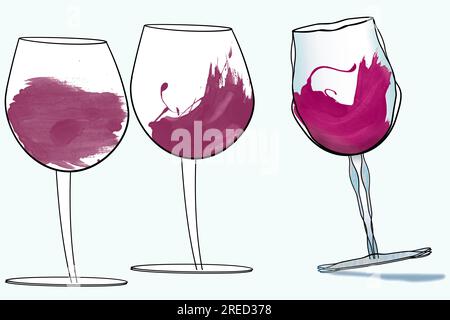 Red wine in a glass is seen in 3 versions in watercolored drawings in this 3-d illustration. Stock Photo