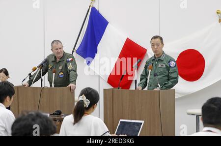 Japan Air Self-Defense Force Chief of Staff Gen. Hiroaki Uchikura (R) attends a joint press conference with Gen. Stephane Mille, chief of staff of the French Air and Space Force, at the ASDF's Nyutabaru Air Base in Shintomi in Miyazaki Prefecture, southwestern Japan, on July 27, 2023.(Kyodo) ==Kyodo Photo via Credit: Newscom/Alamy Live News