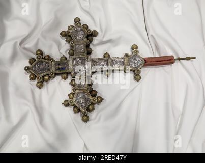 Zagreb, Croatia. 27th July, 2023. Press conference on the occasion of the handover of the processional cross from the 14th century, which was alienated from the Franciscan monastery in Zadar half a century ago. The conference was attended by Minister of Foreign Affairs Gordan Grlic Radman, Minister of Culture Nina Obuljen Korzinek, Ambassador of the Republic of Croatia in Italy, Jasen Mesic and Ambassador of Italy in the Republic of Croatia Pierfrancesco Sacco, in Zagreb, Croatia, on July 27, 2023. Photo: Zeljko Hladika/PIXSELL Credit: Pixsell/Alamy Live News Stock Photo